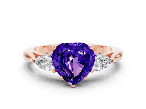 Rose gold Heart Cut Tanzanite Three-Stone Ring with Pear Side Stones and Four-Prong Setting_12