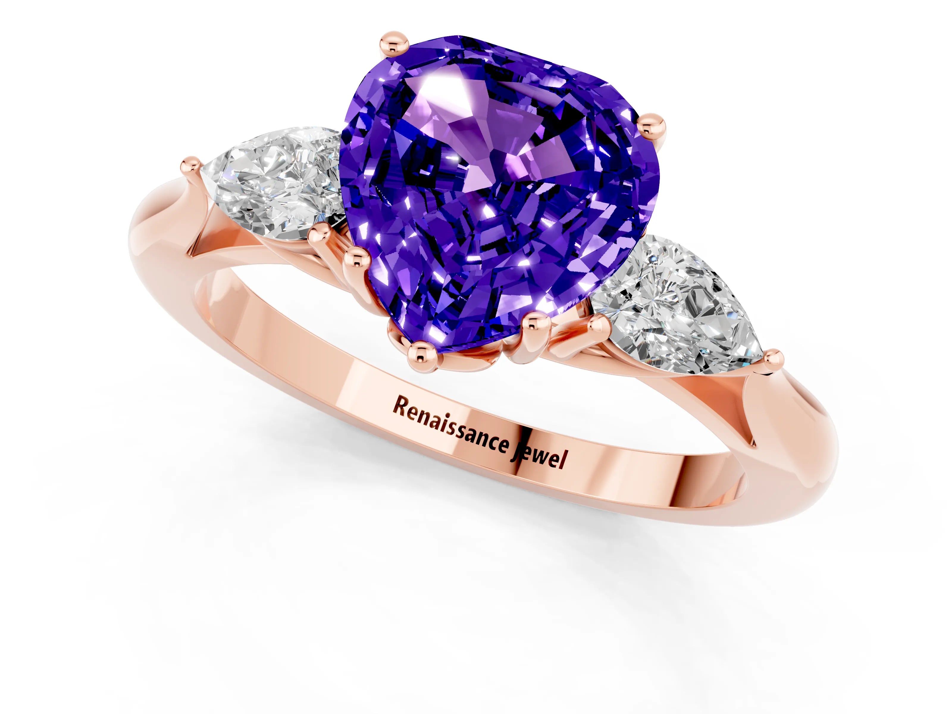 Rose gold Heart Cut Tanzanite Three-Stone Ring with Pear Side Stones and Four-Prong Setting_13