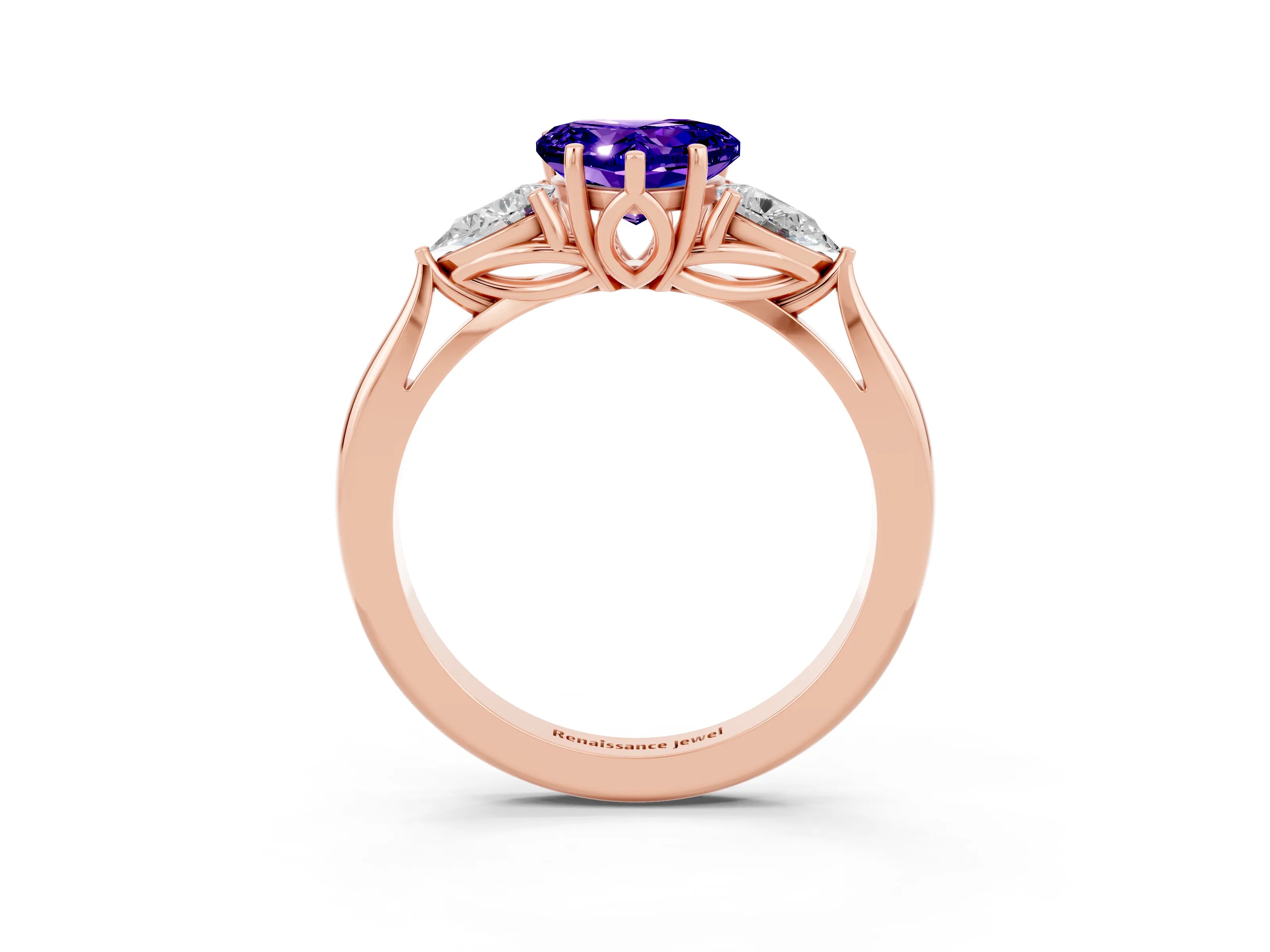 Rose gold Heart Cut Tanzanite Three-Stone Ring with Pear Side Stones and Four-Prong Setting_15