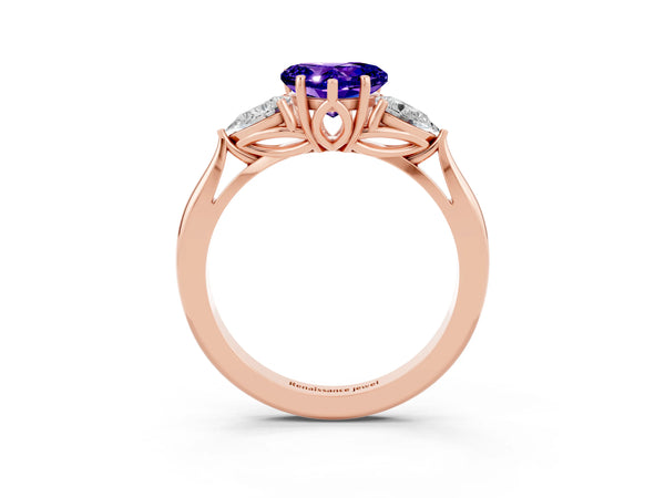 Rose gold Heart Cut Tanzanite Three-Stone Ring with Pear  Side Stones and Prong Setting