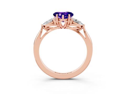 Rose gold Heart Cut Tanzanite Three-Stone Ring with Pear Side Stones and Four-Prong Setting_15
