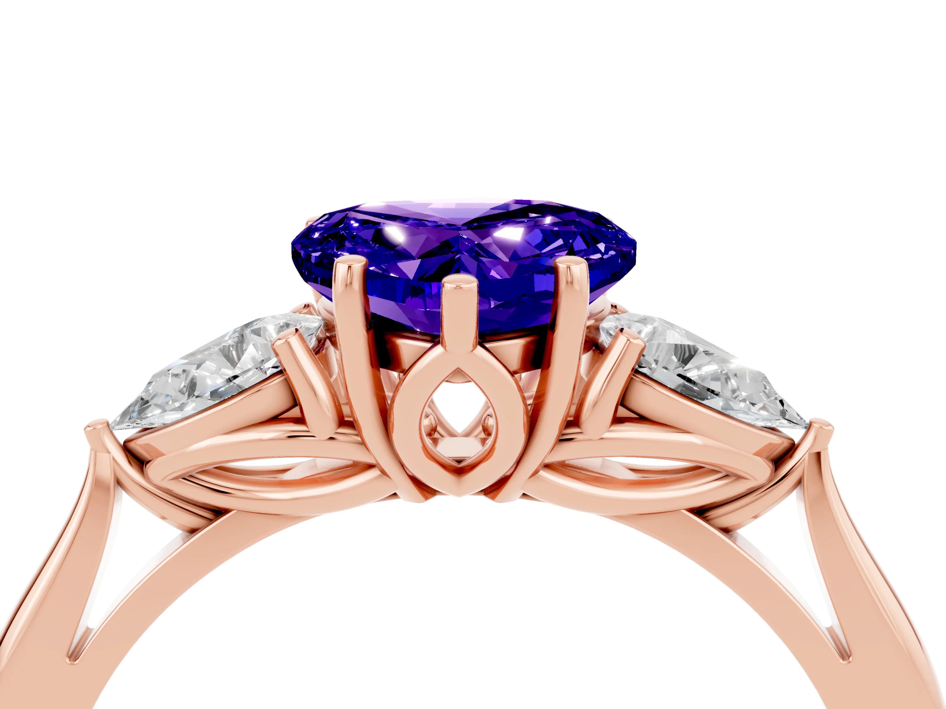Rose gold Heart Cut Tanzanite Three-Stone Ring with Pear Side Stones and Four-Prong Setting_16
