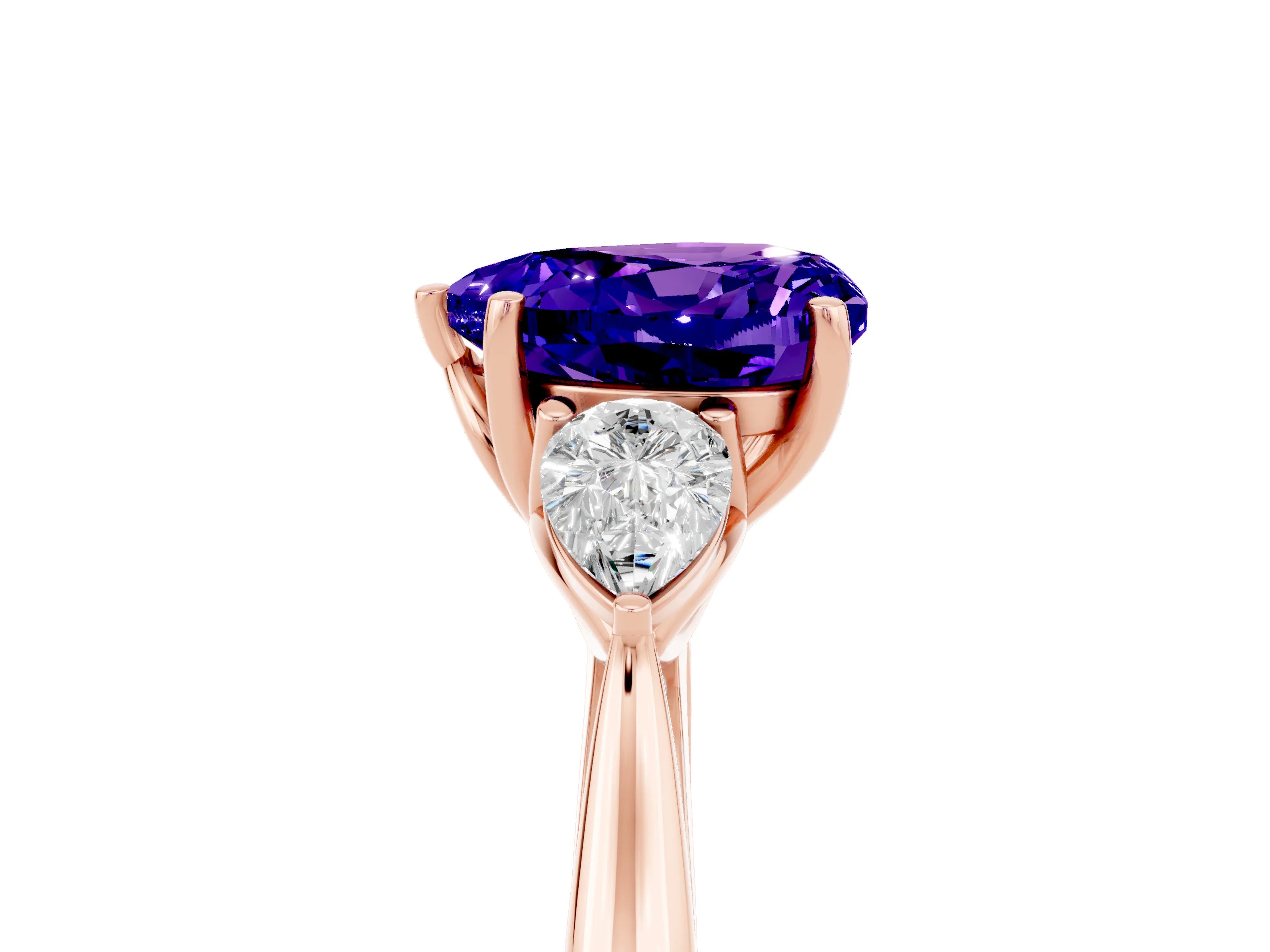 Rose gold Heart Cut Tanzanite Three-Stone Ring with Pear Side Stones and Four-Prong Setting_17