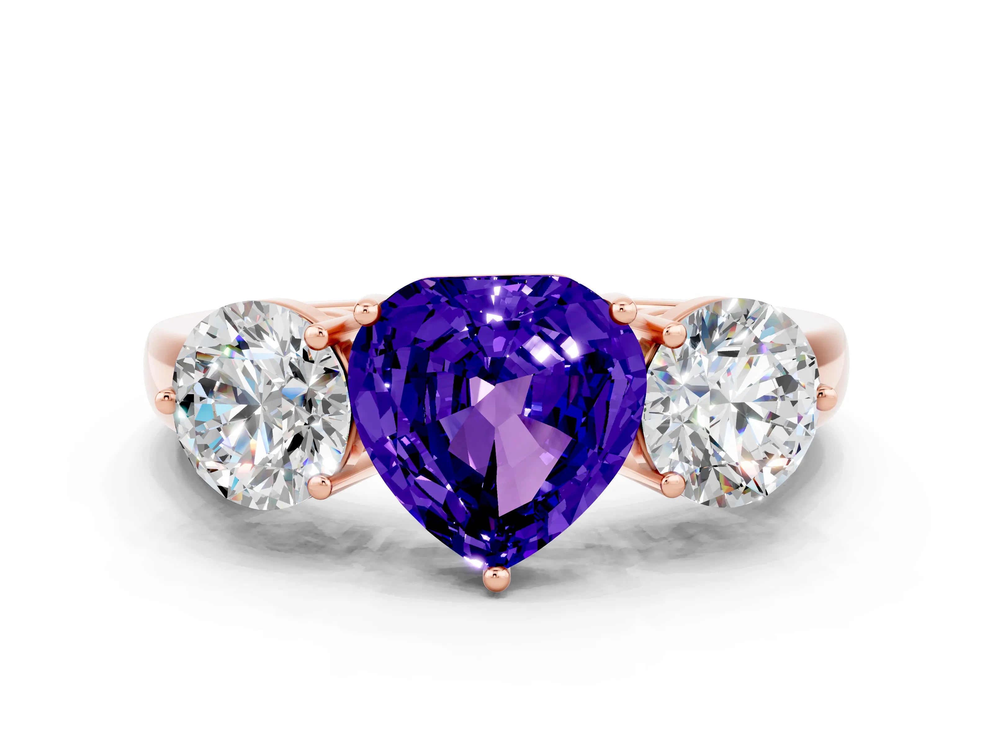 Rose gold Heart Cut Tanzanite Three-Stone Ring with Prong Setting and Classic Band