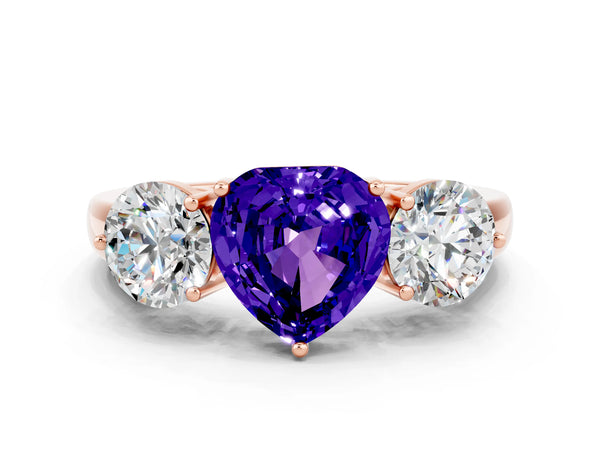 Rose gold Heart Cut Tanzanite Three-Stone Ring with Prong Setting and Classic Band