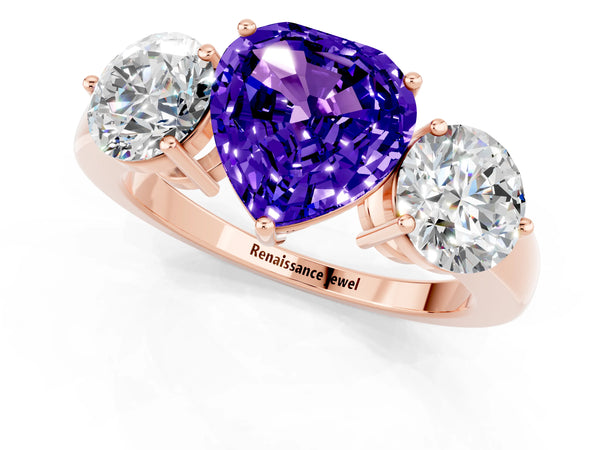 Rose gold Heart Cut Tanzanite Three-Stone Ring with Prong Setting and Classic Band