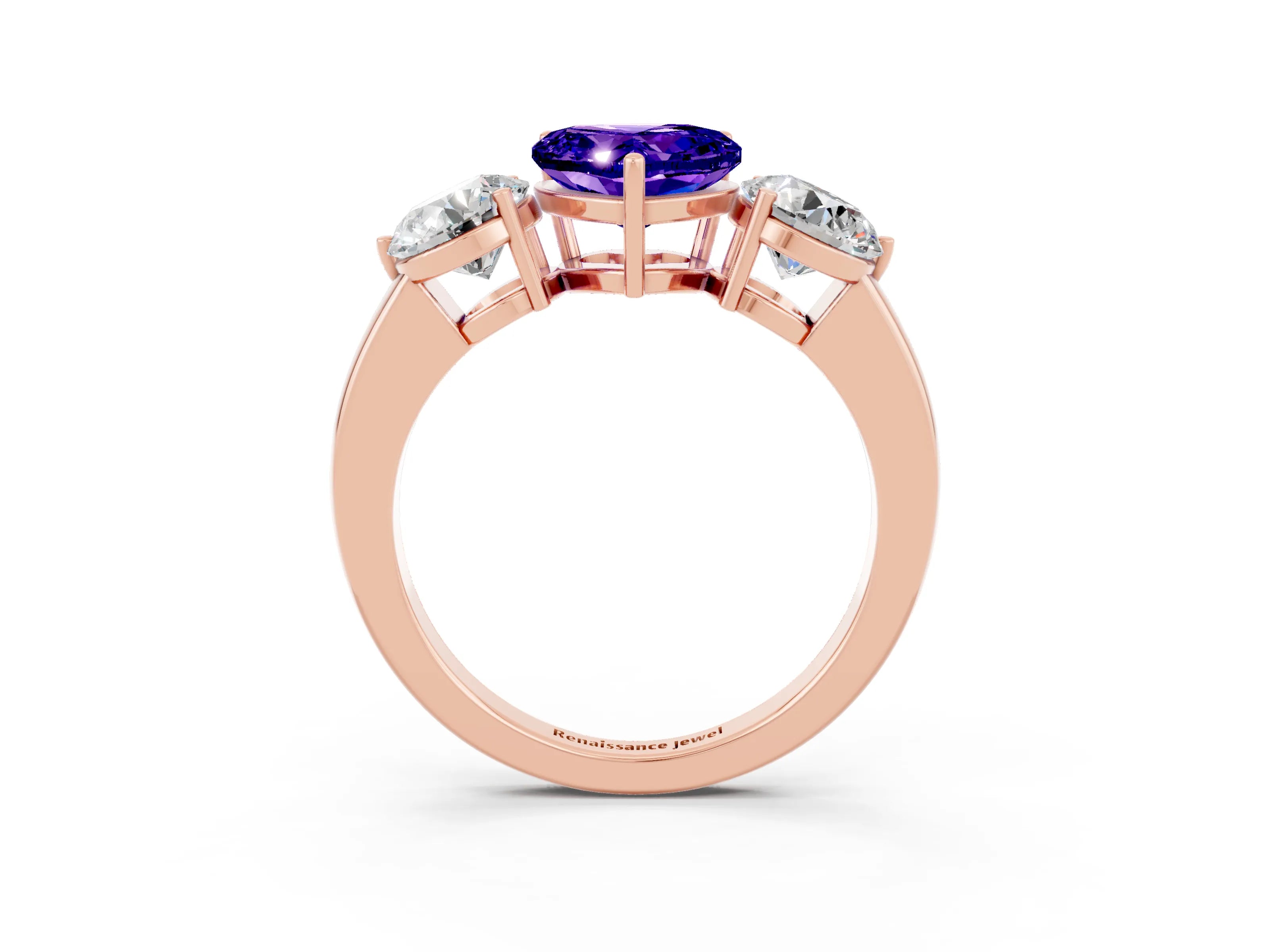 Rose gold Heart Cut Tanzanite Three-Stone Ring with Prong Setting and Classic Band_3