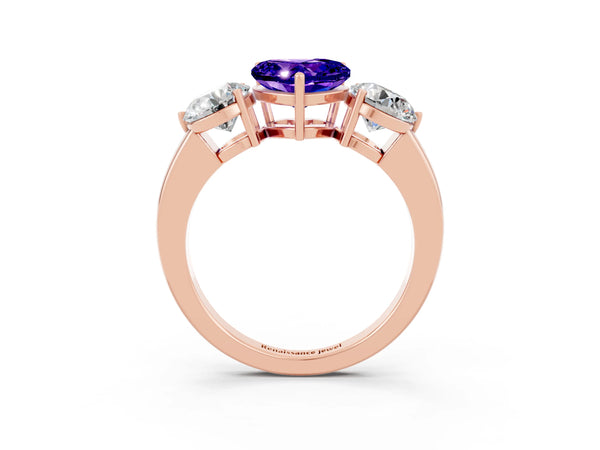 Rose gold Heart Cut Tanzanite Three-Stone Ring with Prong Setting and Classic Band