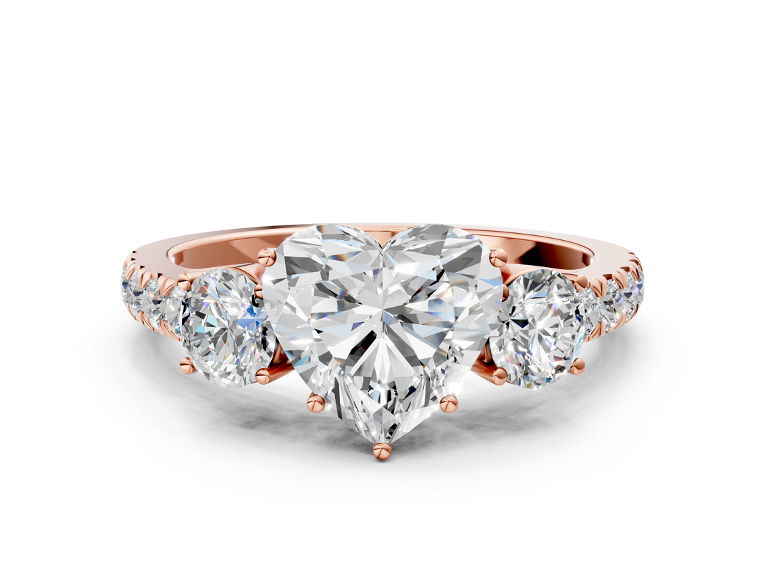 Rose gold Heart Cut Three-Stone Diamond Pave Band with Prong Setting_85