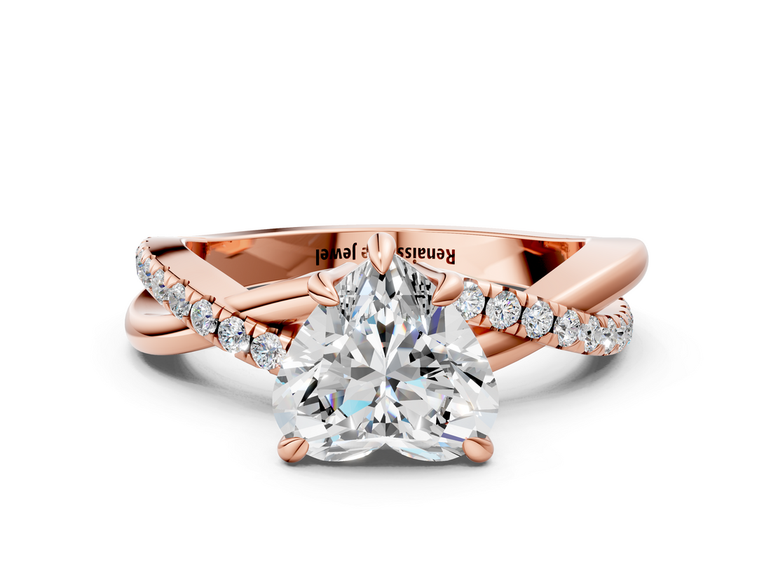Rose gold Heart Cut Twist Band Solitaire Diamond Ring with Pavé Setting_15