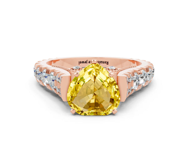 Rose gold Heart Cut Yellow Sapphire Classic Solitaire Ring with Pavé Band and Four-Prong Setting