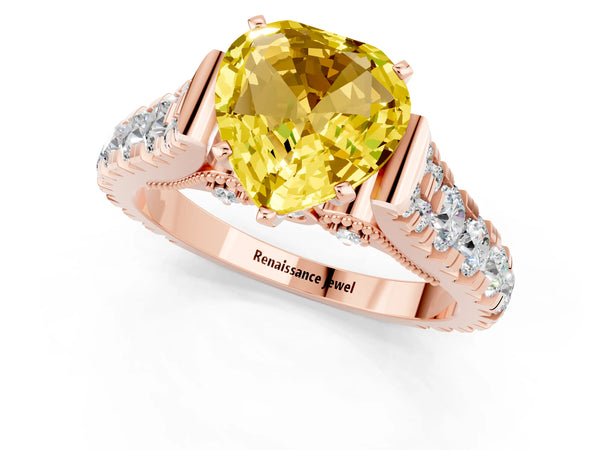 Rose gold Heart Cut Yellow Sapphire Classic Solitaire Ring with Pavé Band and Four-Prong Setting