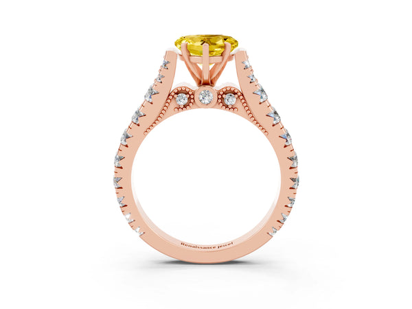 Rose gold Heart Cut Yellow Sapphire Classic Solitaire Ring with Pavé Band and Four-Prong Setting