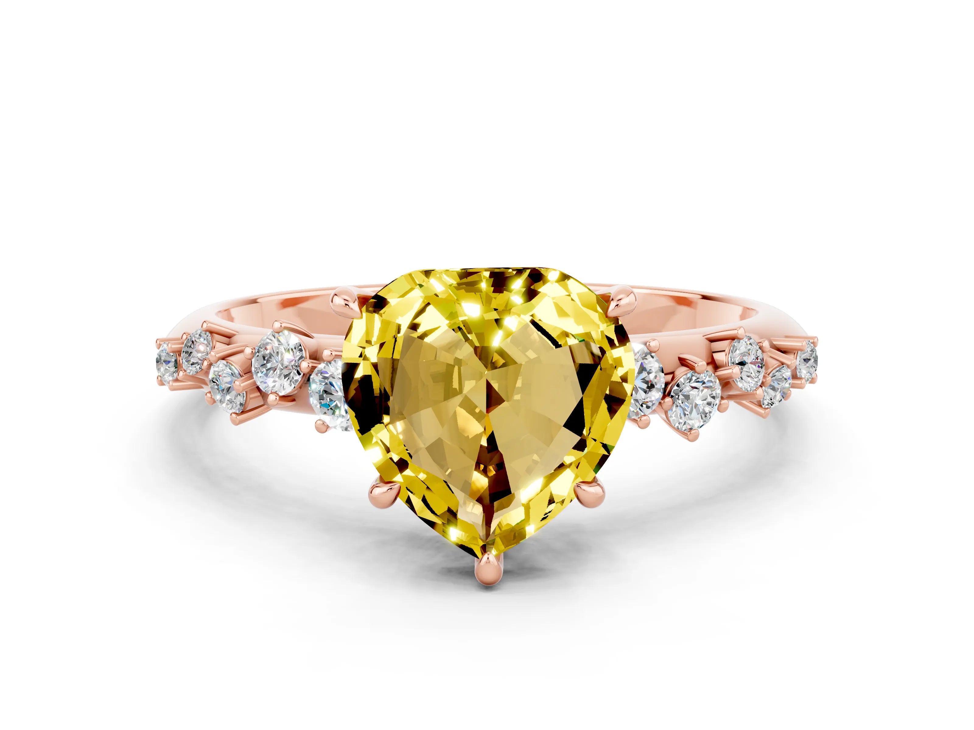 Rose gold Heart Cut Yellow Sapphire Cluster Side Stone Solitaire Ring with Prong Setting_48