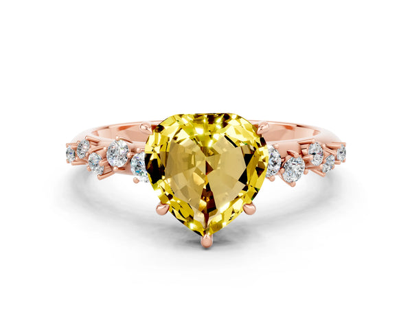 Rose gold Heart Cut Yellow Sapphire Cluster Side Stone Solitaire Ring with Prong Setting