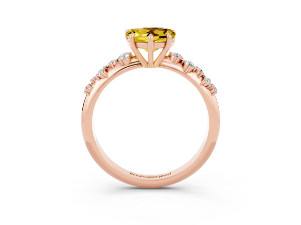 Rose gold Heart Cut Yellow Sapphire Cluster Side Stone Solitaire Ring with Prong Setting