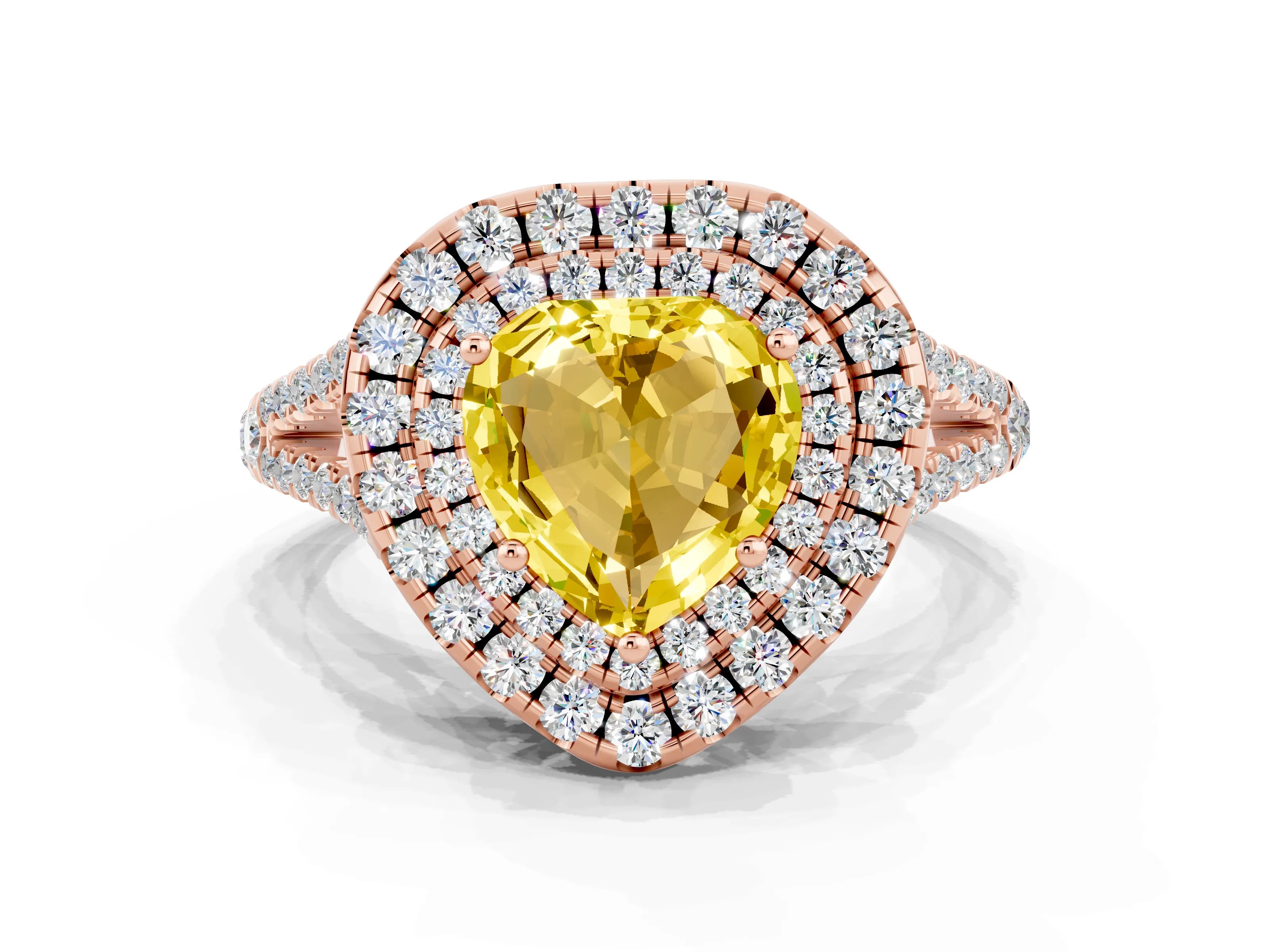 Rose gold Heart Cut Yellow Sapphire Double Halo Ring with Pavé Band and Prong Setting_12