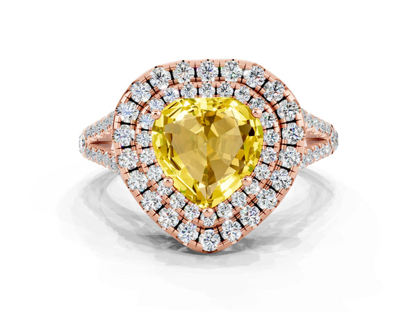 Rose gold Heart Cut Yellow Sapphire Double Halo Ring with Pavé Band and Prong Setting