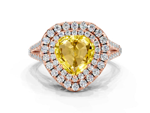 Rose gold Heart Cut Yellow Sapphire Double Halo Ring with Pavé Band and Prong Setting_12