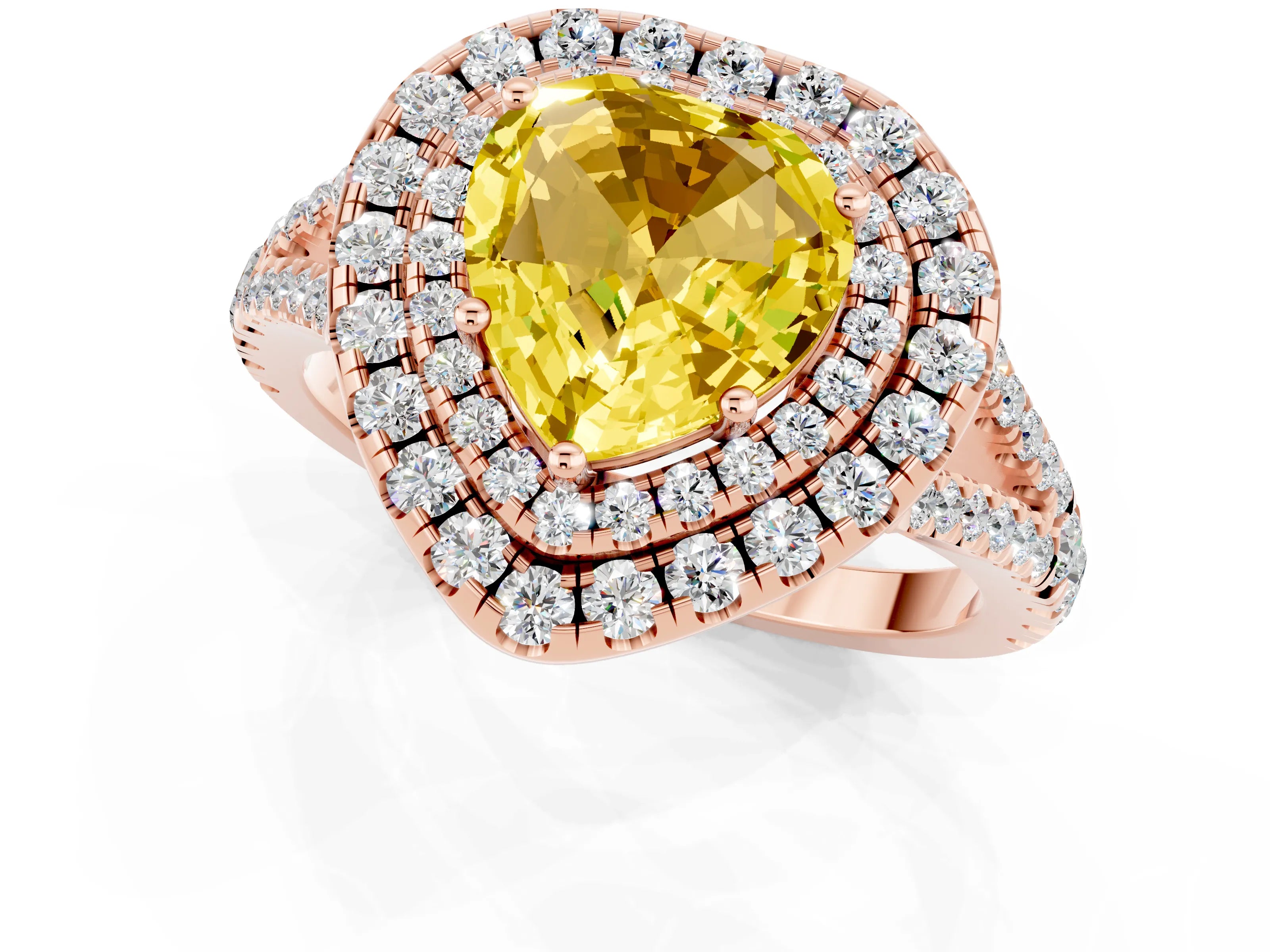 Rose gold Heart Cut Yellow Sapphire Double Halo Ring with Pavé Band and Prong Setting_13