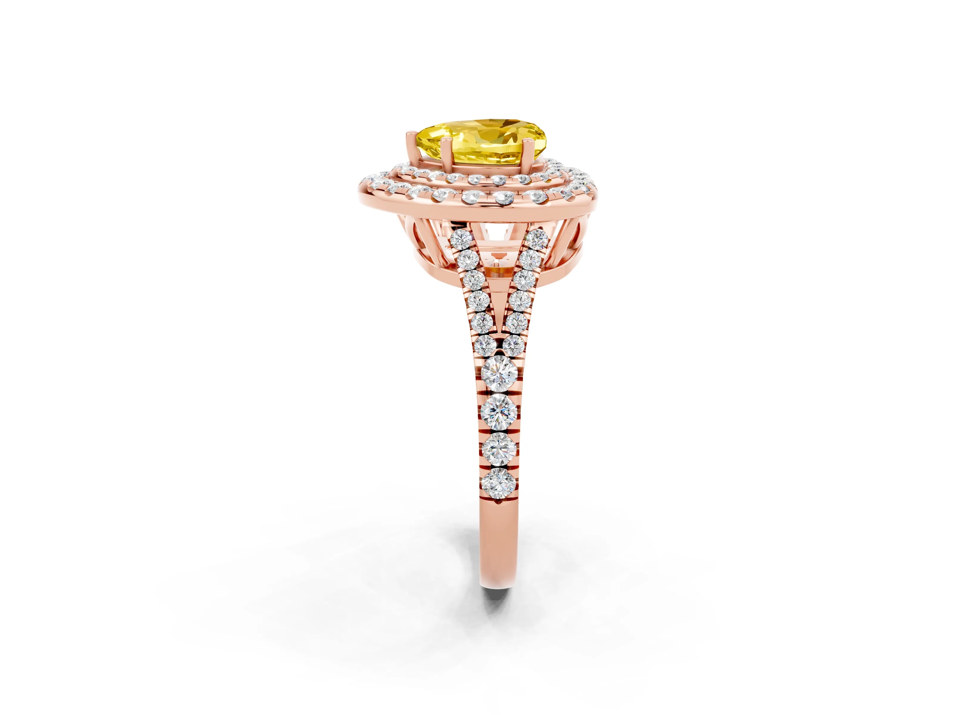 Rose gold Heart Cut Yellow Sapphire Double Halo Ring with Pavé Band and Prong Setting_14