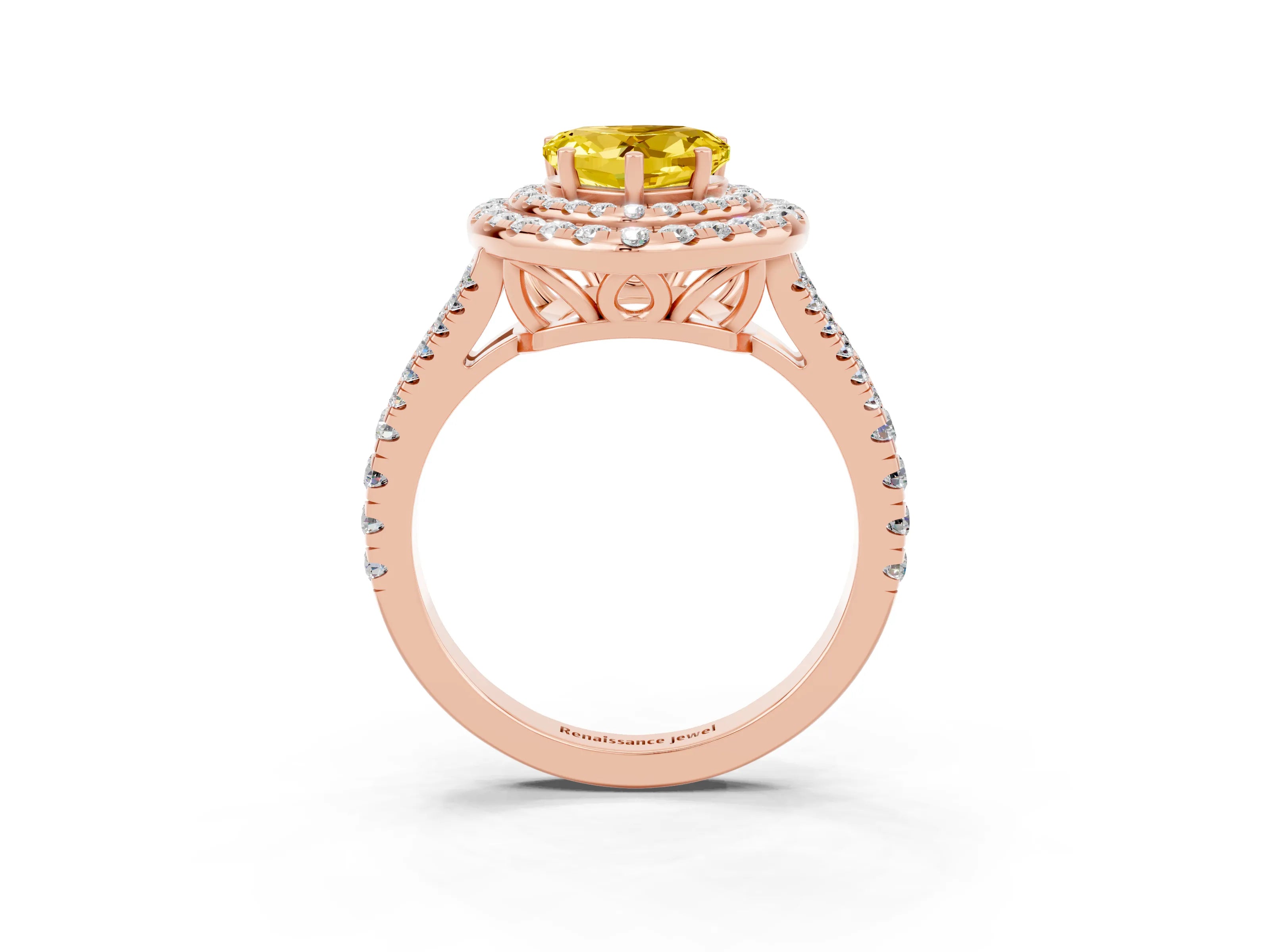 Rose gold Heart Cut Yellow Sapphire Double Halo Ring with Pavé Band and Prong Setting_15