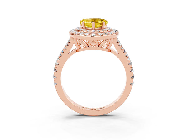Rose gold Heart Cut Yellow Sapphire Double Halo Ring with Pavé Band and Prong Setting