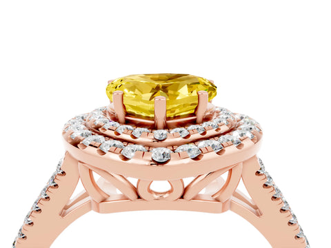 Rose gold Heart Cut Yellow Sapphire Double Halo Ring with Pavé Band and Prong Setting_16