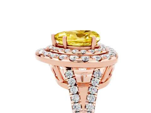 Rose gold Heart Cut Yellow Sapphire Double Halo Ring with Pavé Band and Prong Setting_17