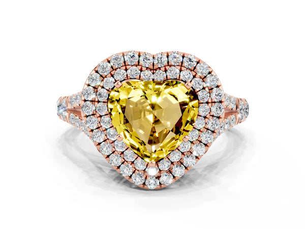 Rose gold Heart Cut Yellow Sapphire Double Halo Ring with Split Shank and Prong Setting