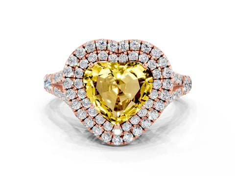 Rose gold Heart Cut Yellow Sapphire Double Halo Ring with Split Shank and Prong Setting_12