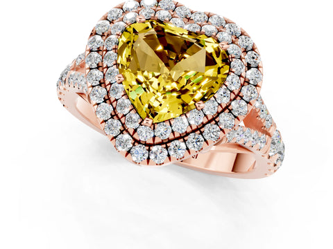 Rose gold Heart Cut Yellow Sapphire Double Halo Ring with Split Shank and Prong Setting_13