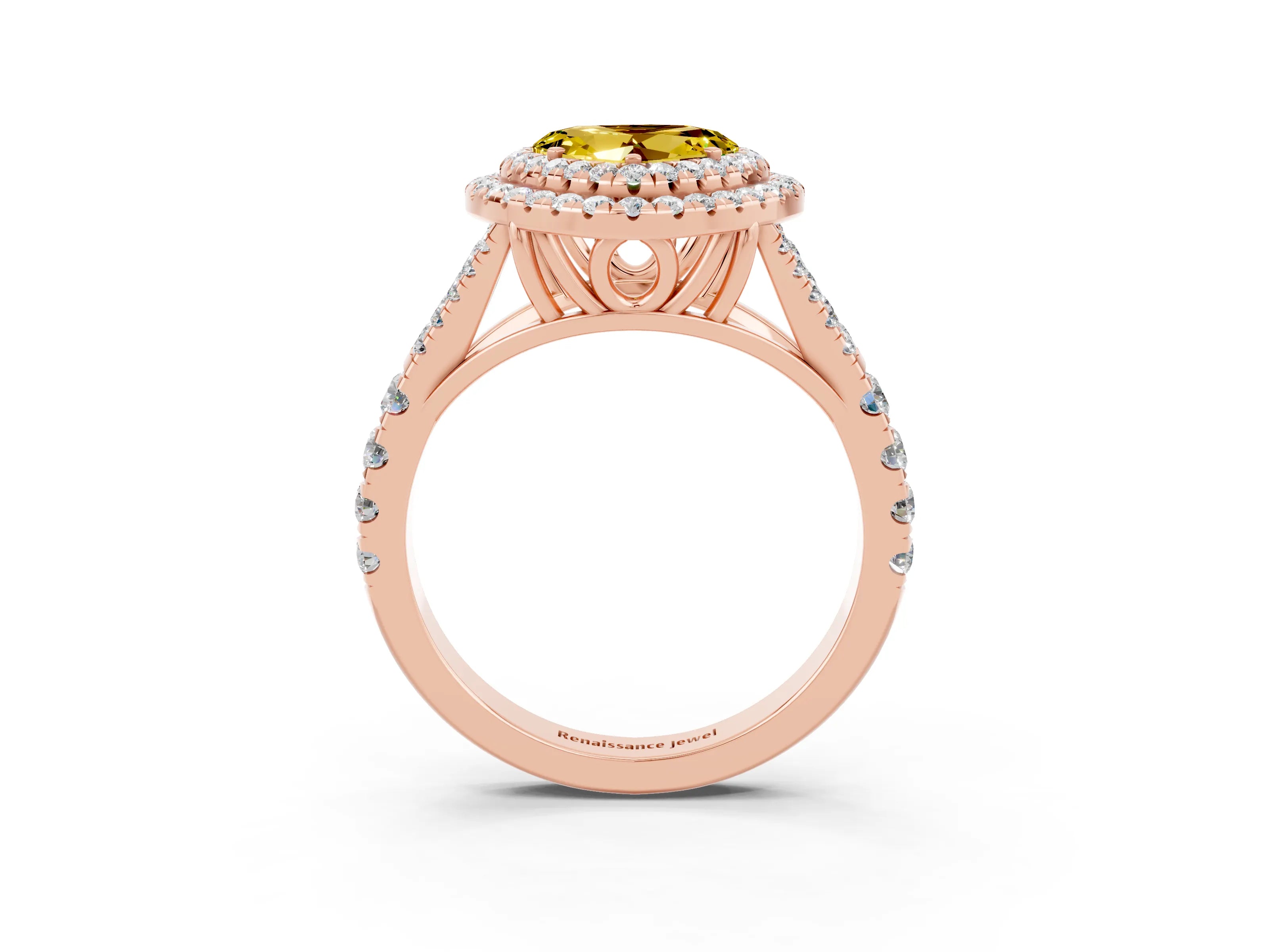 Rose gold Heart Cut Yellow Sapphire Double Halo Ring with Split Shank and Prong Setting_15
