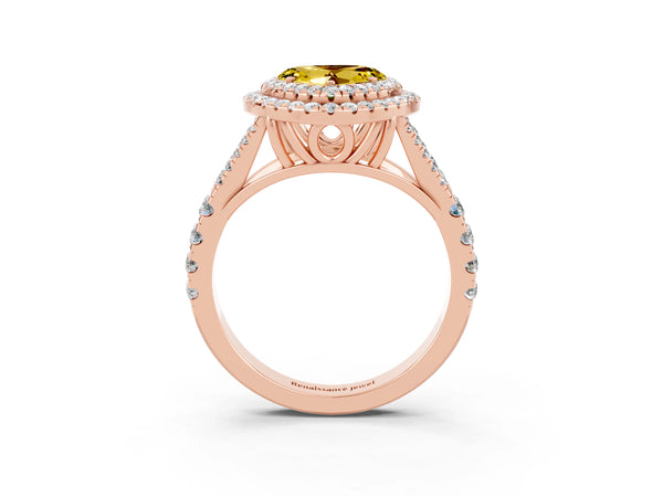 Rose gold Heart Cut Yellow Sapphire Double Halo Ring with Split Shank and Prong Setting