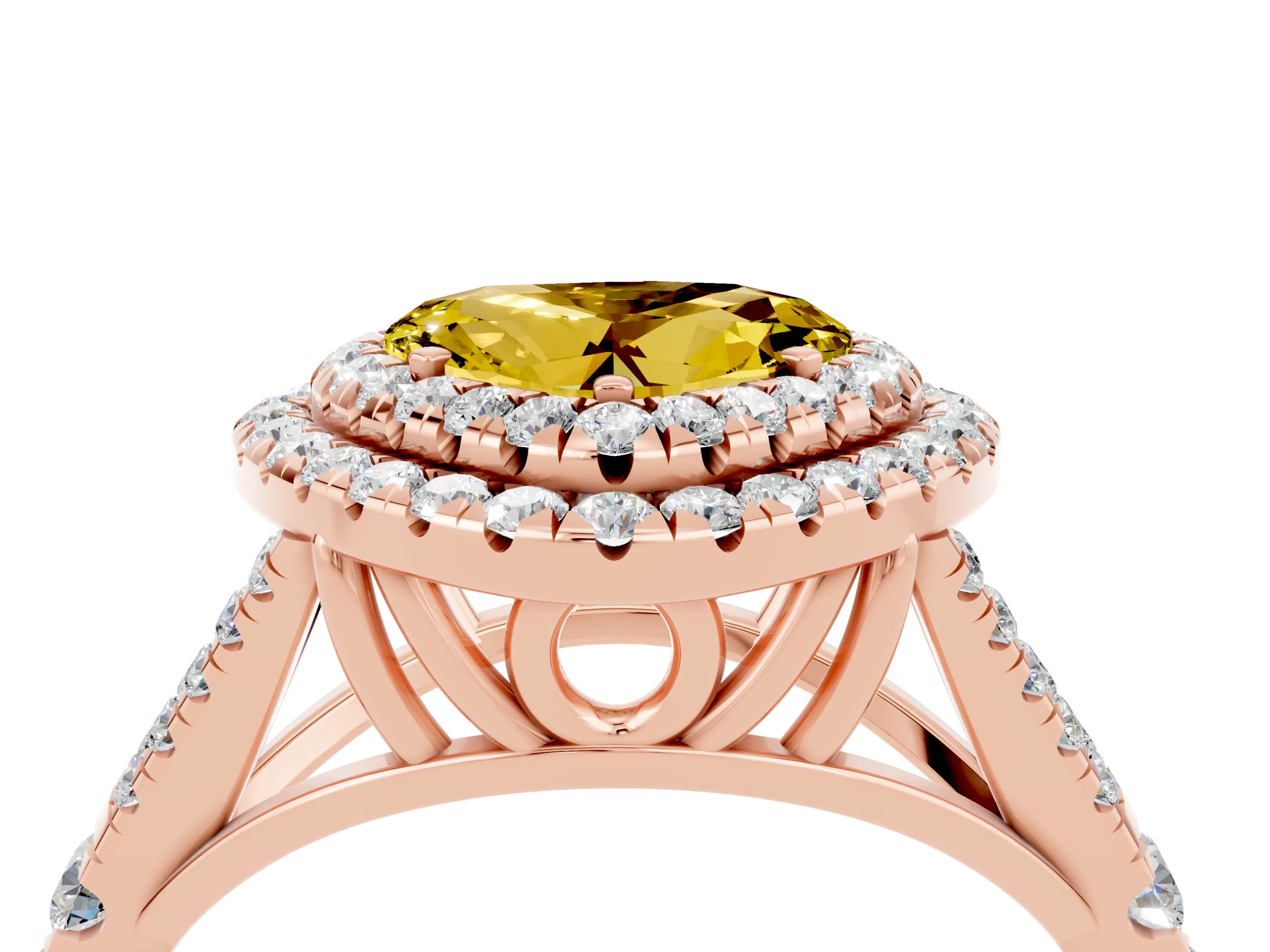 Rose gold Heart Cut Yellow Sapphire Double Halo Ring with Split Shank and Prong Setting_16