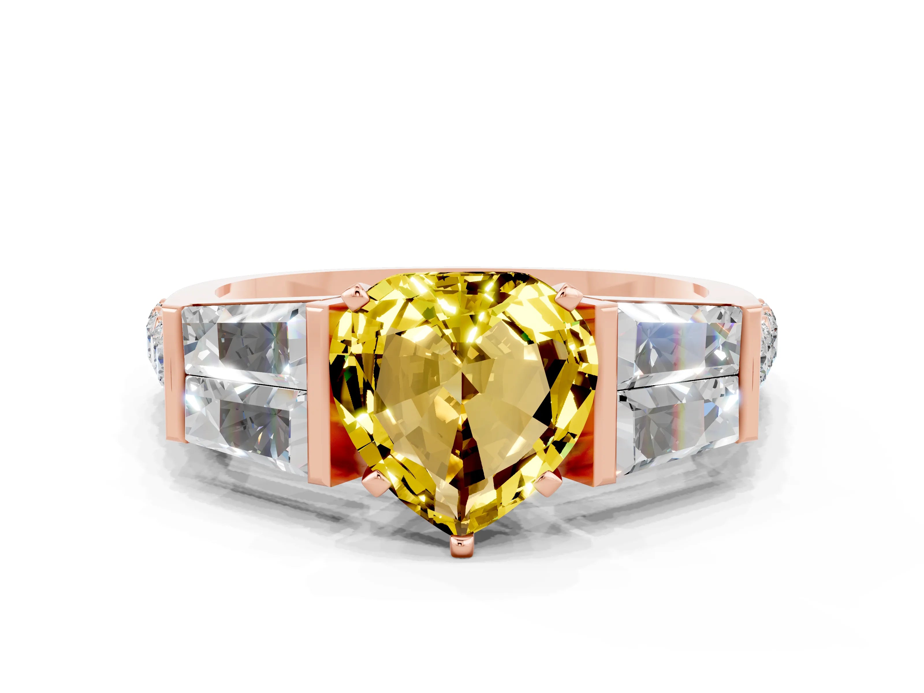 Rose gold Heart Cut Yellow Sapphire Engagement Ring with Baguette Side Stones and Channel Set Band