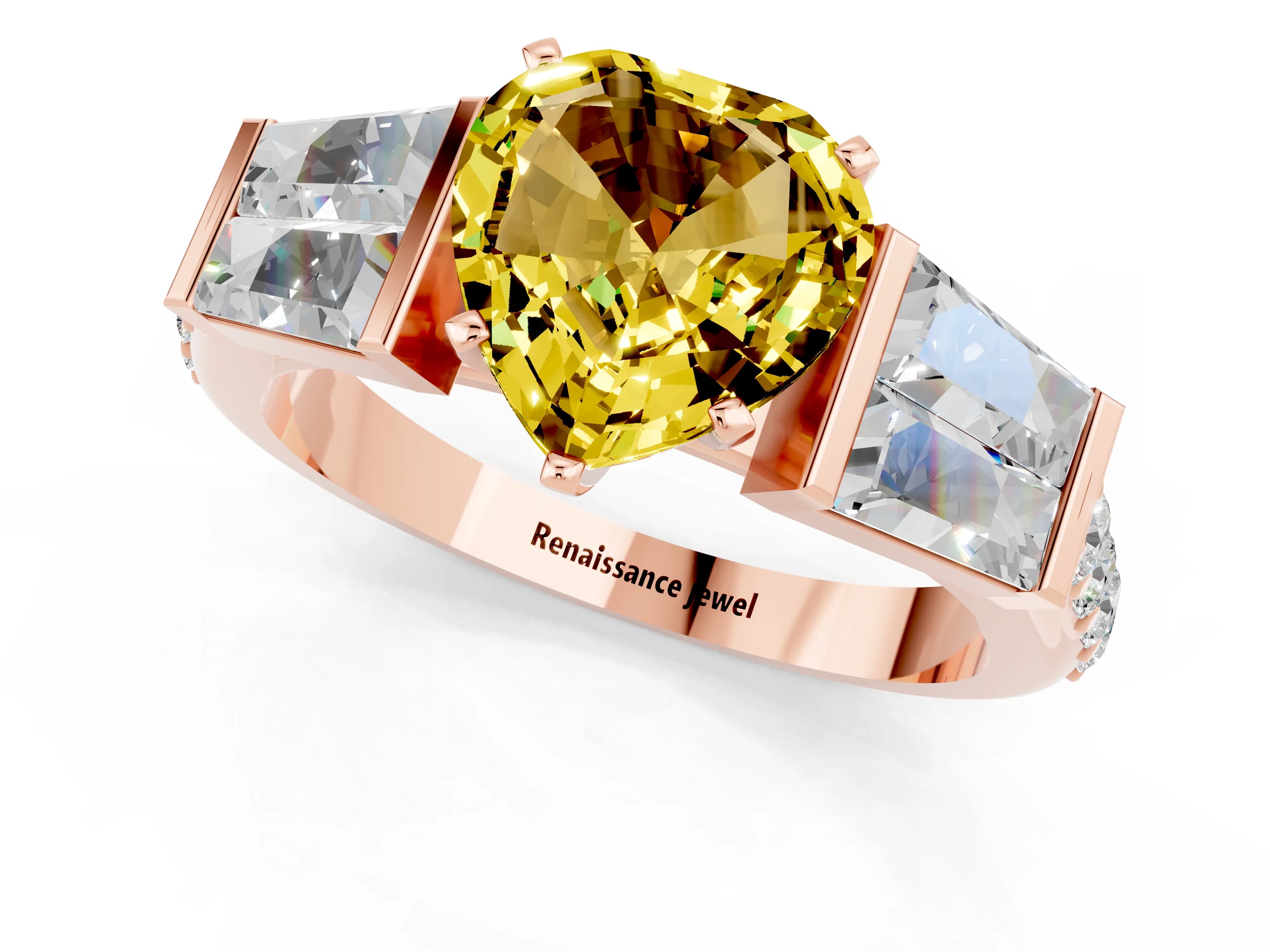 Rose gold Heart Cut Yellow Sapphire Engagement Ring with Baguette Side Stones and Channel Set Band_1