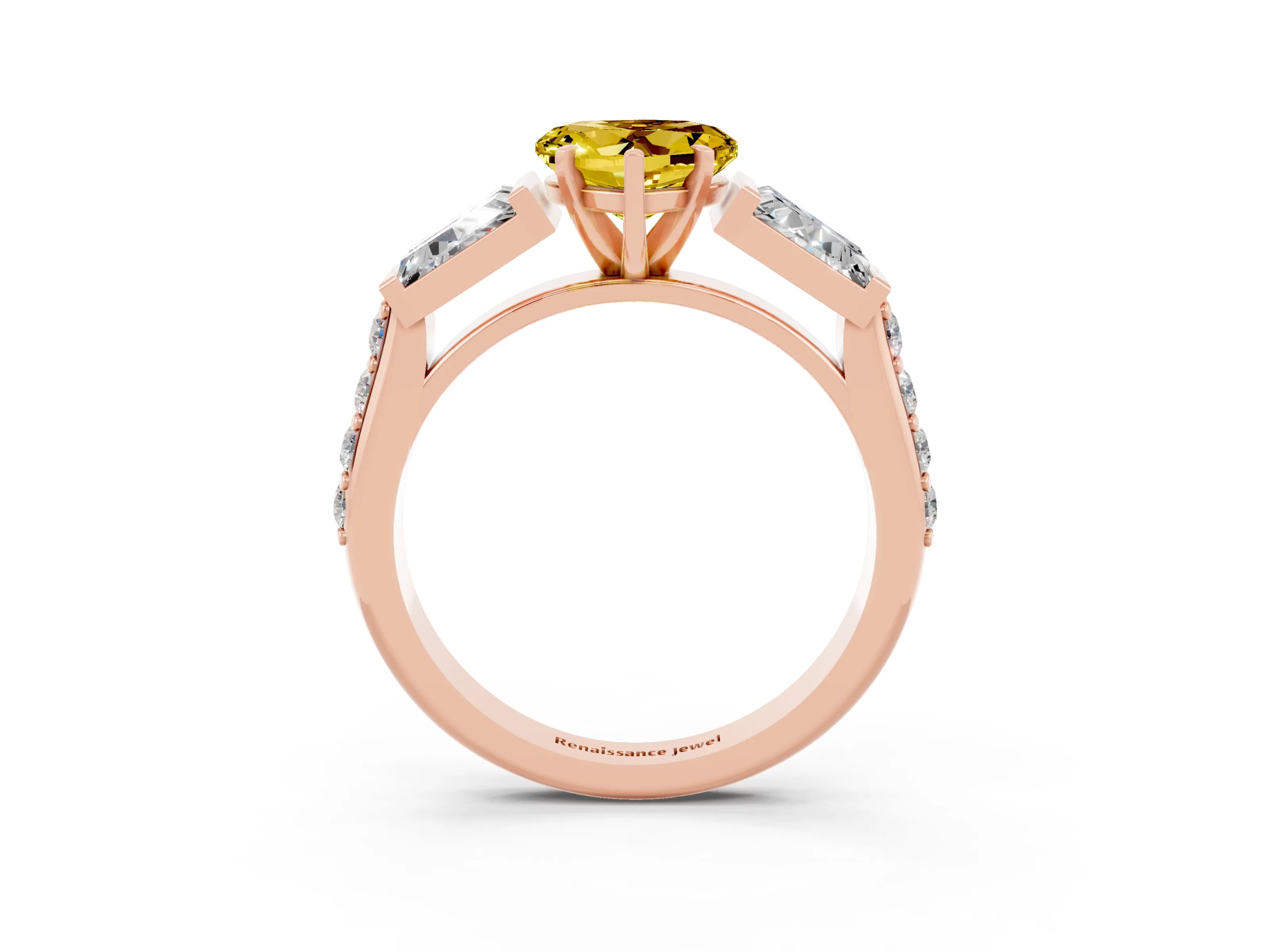 Rose gold Heart Cut Yellow Sapphire Engagement Ring with Baguette Side Stones and Channel Set Band_3