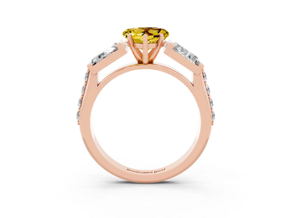 Rose gold Heart Cut Yellow Sapphire Engagement Ring with Baguette Side Stones and Channel Set Band