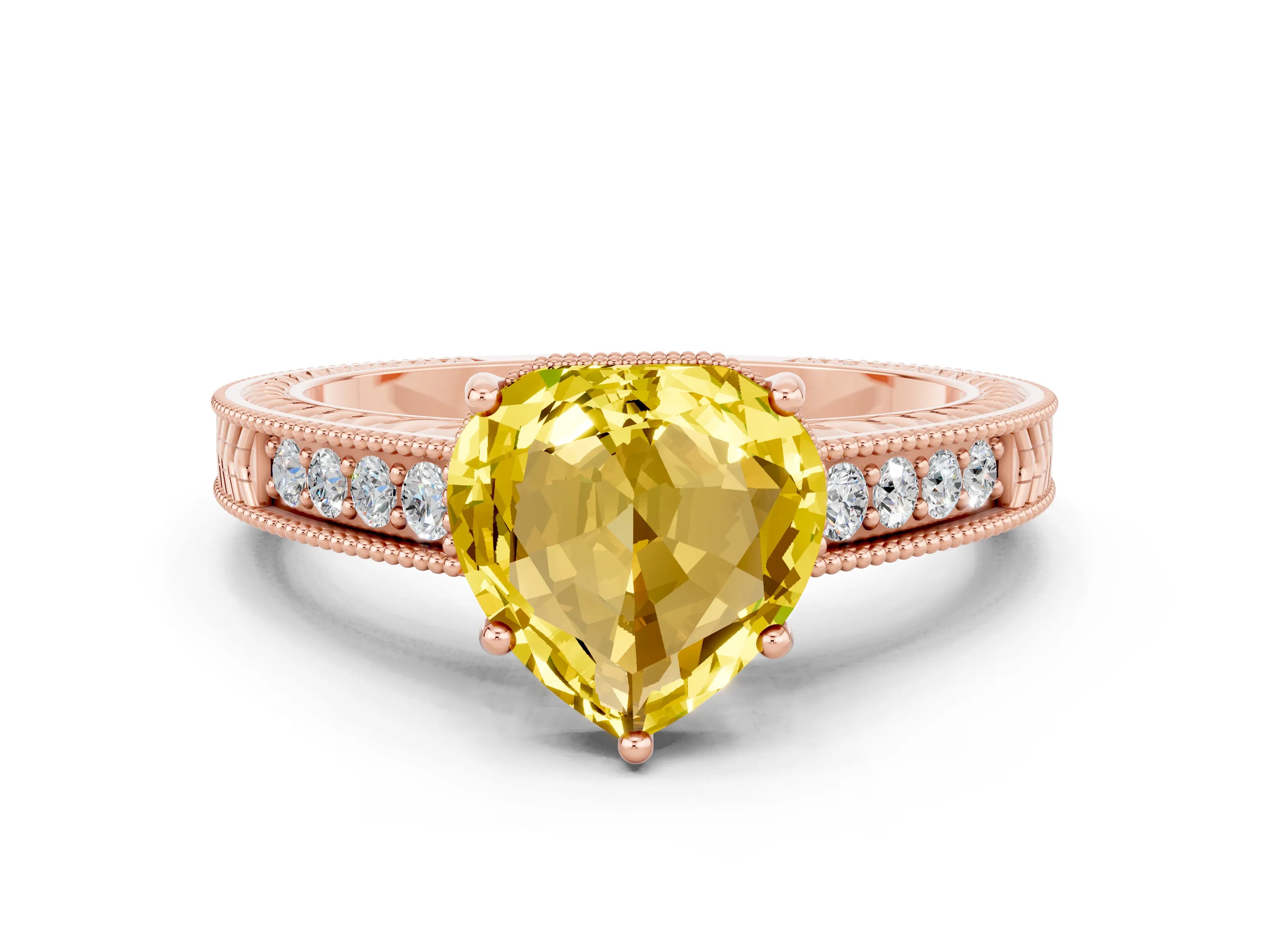 Rose gold Heart Cut Yellow Sapphire Engagement Ring with Milgrain Channel Set Band and Prong Setting_24