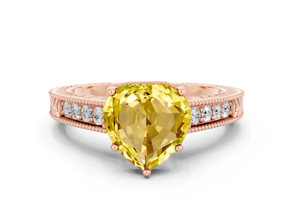 Rose gold Heart Cut Yellow Sapphire Engagement Ring with Milgrain Channel Set Band and Prong Setting