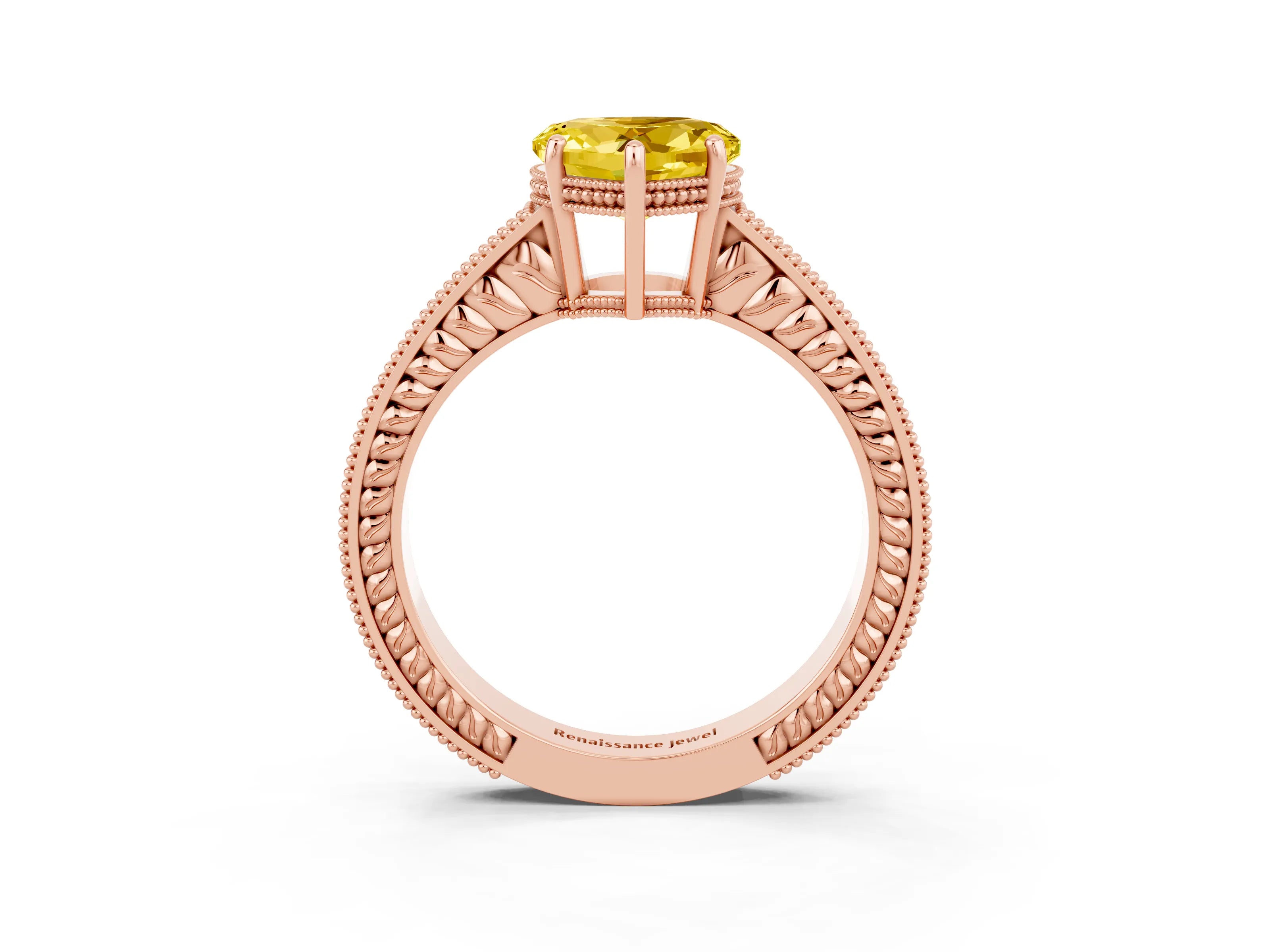 Rose gold Heart Cut Yellow Sapphire Engagement Ring with Milgrain Channel Set Band and Prong Setting_27