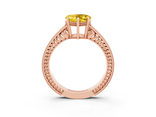 Rose gold Heart Cut Yellow Sapphire Engagement Ring with Milgrain Channel Set Band and Prong Setting