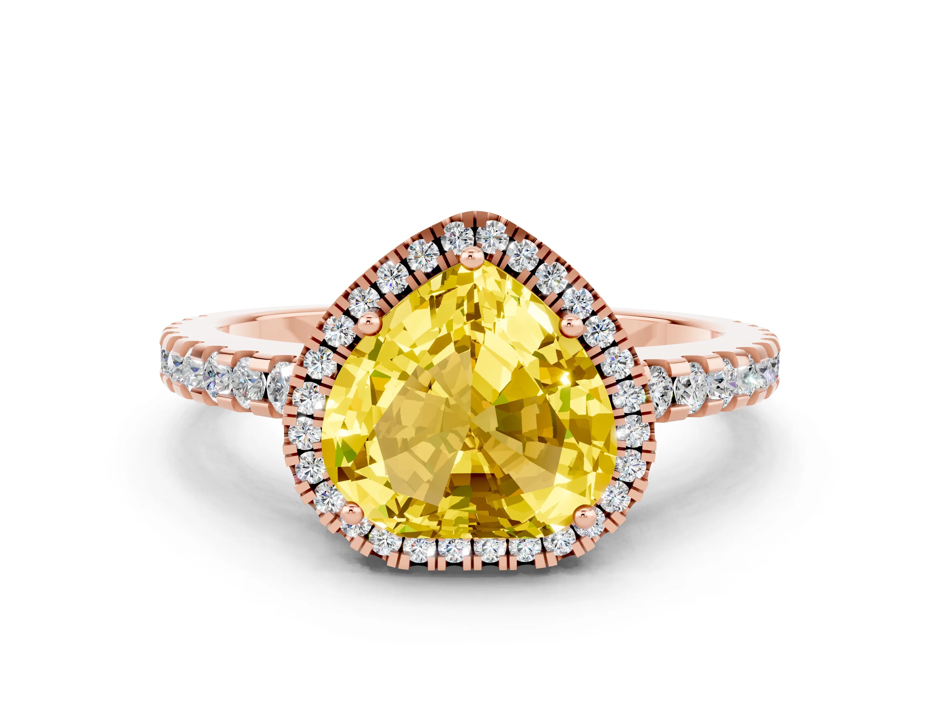 Rose gold Heart Cut Yellow Sapphire Halo Engagement Ring with Pavé Band and Prong Setting_12