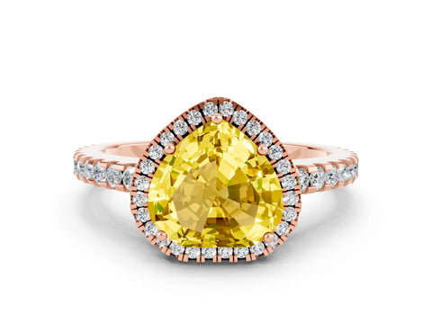Rose gold Heart Cut Yellow Sapphire Halo Engagement Ring with Pavé Band and Prong Setting_12