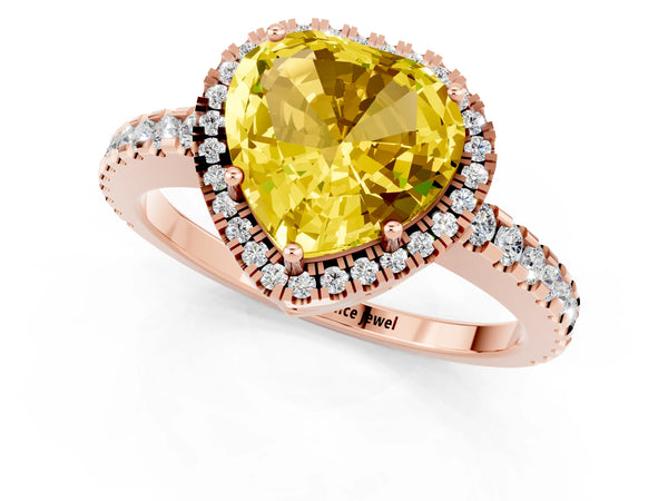 Rose gold Heart Cut Yellow Sapphire Halo Engagement Ring with Pavé Band and Prong Setting