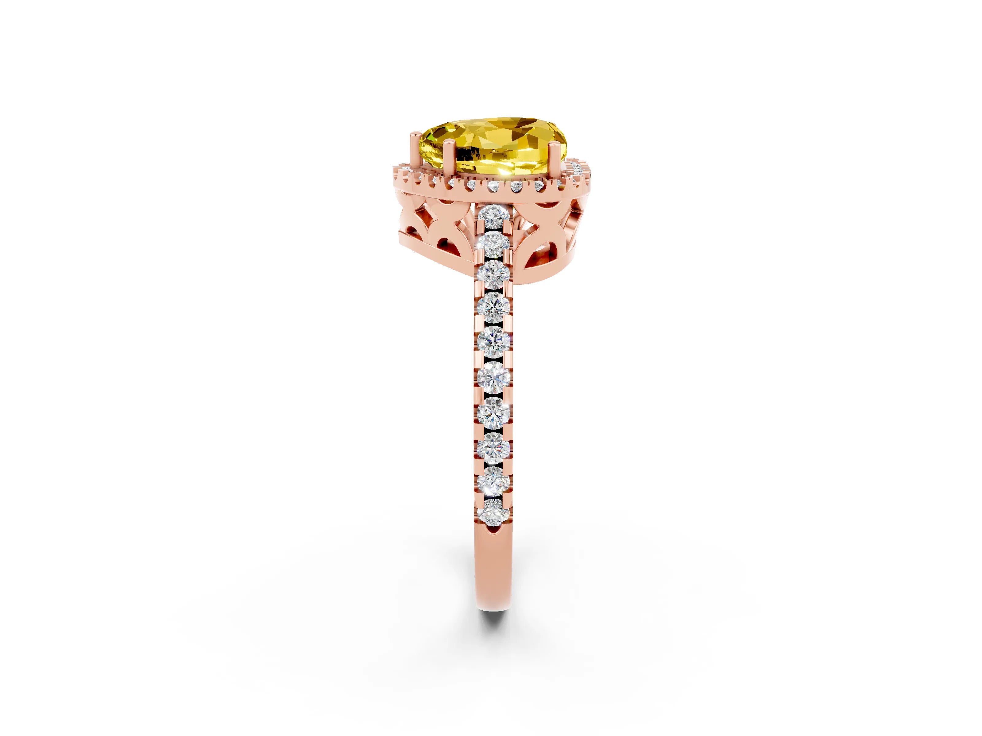 Rose gold Heart Cut Yellow Sapphire Halo Engagement Ring with Pavé Band and Prong Setting_14