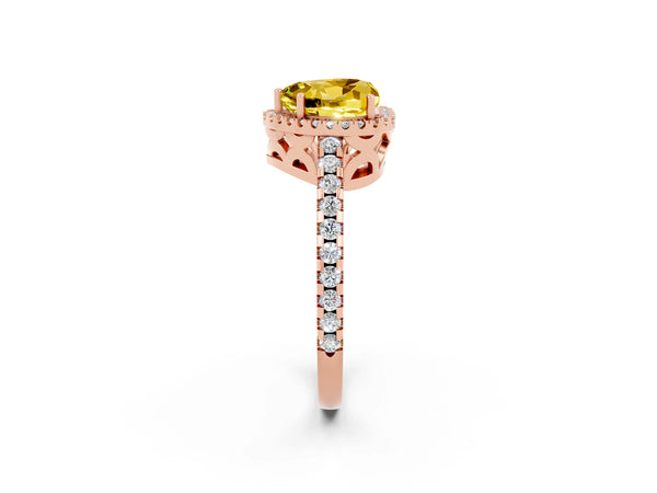 Rose gold Heart Cut Yellow Sapphire Halo Engagement Ring with Pavé Band and Prong Setting