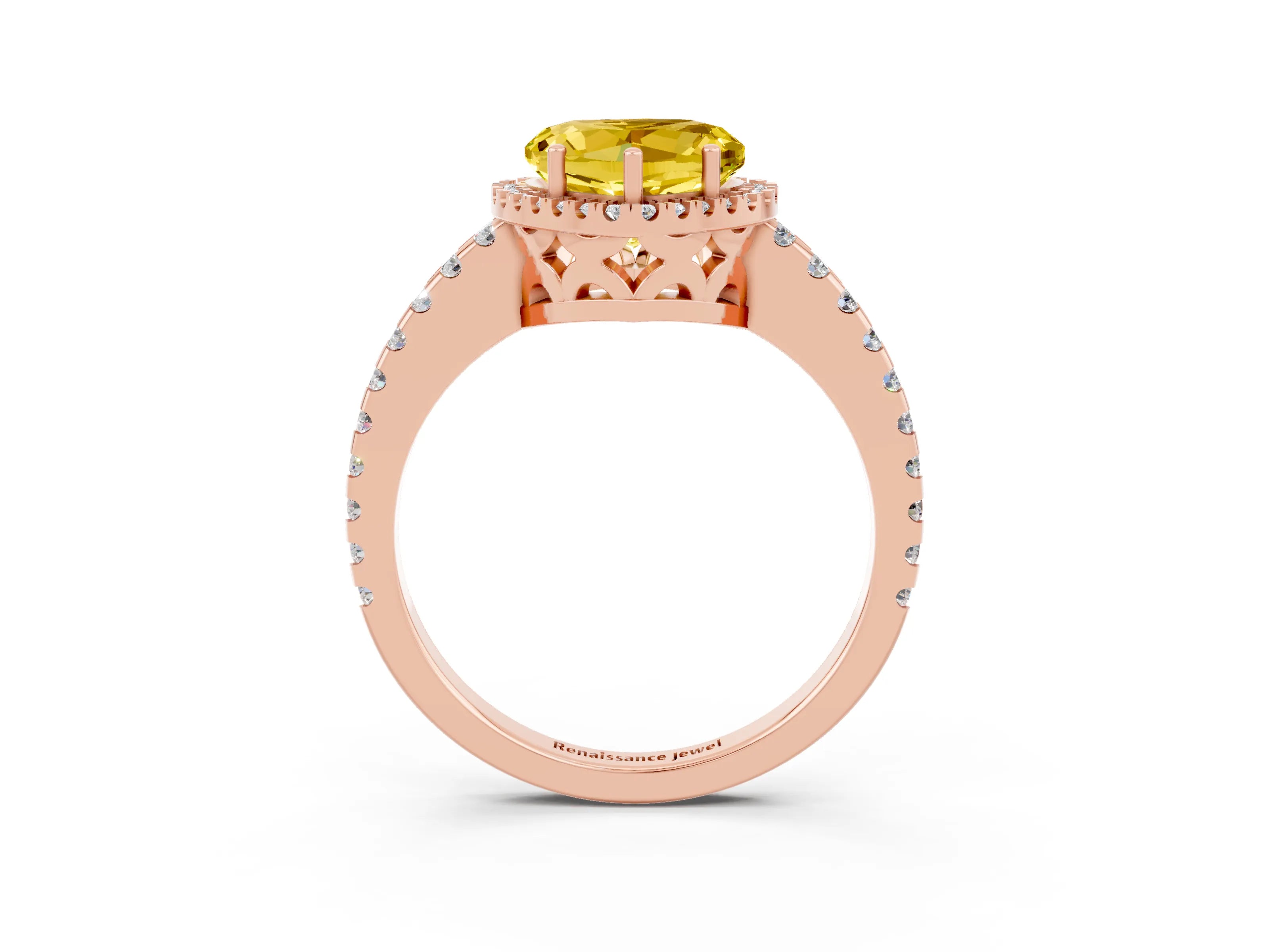 Rose gold Heart Cut Yellow Sapphire Halo Engagement Ring with Pavé Band and Prong Setting_15