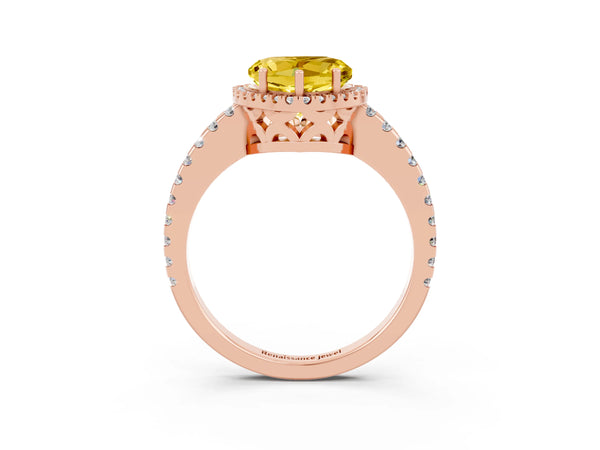 Rose gold Heart Cut Yellow Sapphire Halo Engagement Ring with Pavé Band and Prong Setting